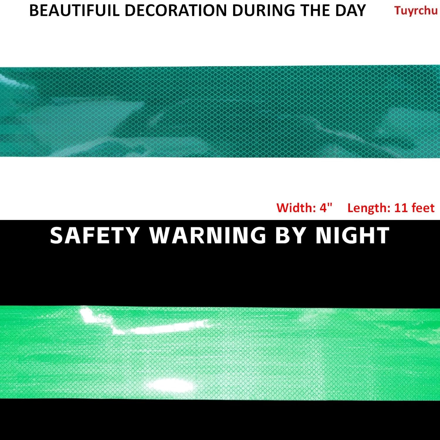 Non Fading Green Reflective Tape Outdoor Waterproof 4 inch, High Visibility Warning Industrial Marking Tape, Safety Stickers (11 feet)
