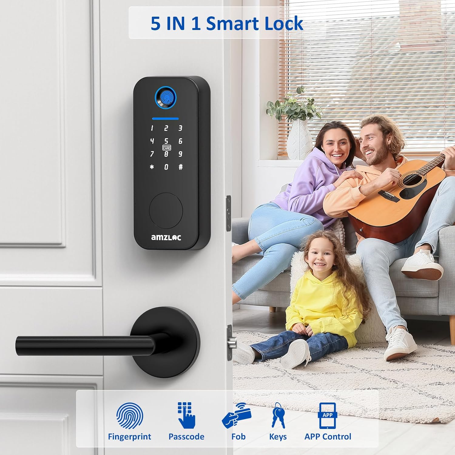 Smart Deadbolt Door Lock with Keypad:Amzloc Fingerprint Keyless Entry Door Lock, Smart Lock for Front Door,Bluetooth APP Control,Auto Lock,Easy Install,IP65 Waterproof