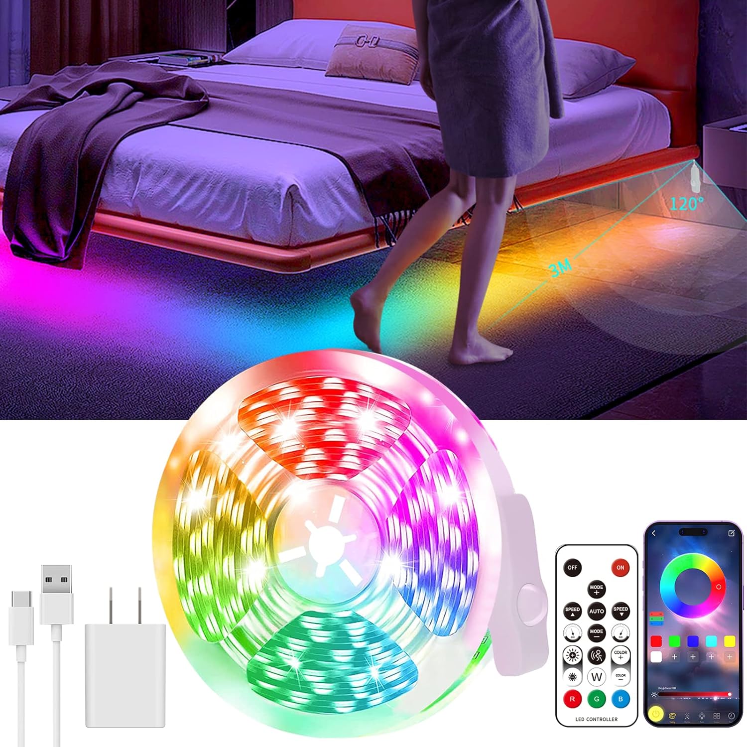 Motion Activated LED Light Strip, 16.4FT Motion Sensor LED Light Indoor with APP Control, Under Bed Lights Motion Sensor with 5V USB Powered, Suitable for Bed Cabinet Staircase Bedroom