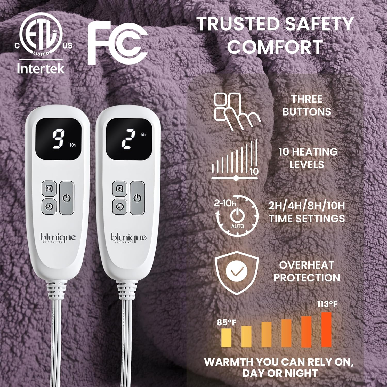 Heated Blanket Electric Blanket King - Fast Heating Blanket Throw Dual Control Double Sided Sherpa with 10 Heating Levels & 2-10 Hours Auto Off, Mashine Washable, 90 x 100 Inches, Purple