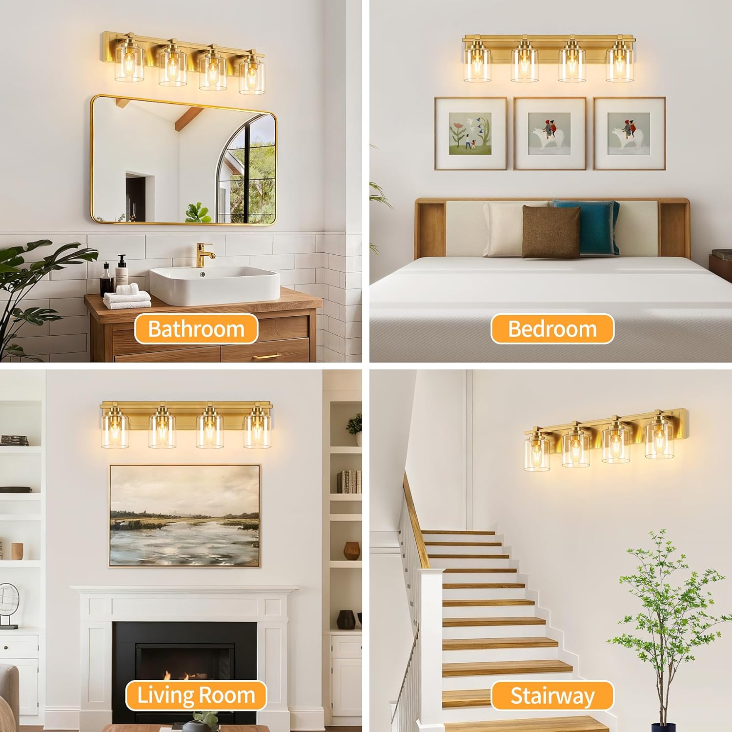 4 Light Modern Bathroom Light Fixtures Over Mirror, Brass Finish Vanity Lights for Bathroom Wall Sconces with Clear Glass Shades, E26 Socket (Bulbs Not Included)