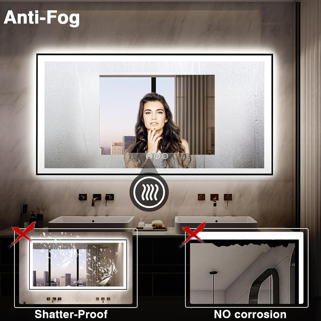 60x28 LED Bathroom Mirror for Wall - Black Aluminum Framed (Front and Backlit), Anti-Fog Vanity Mirror with Lighting, Stepless Dimmable, 3 Colors Smart Design (Horizontal/Vertical)