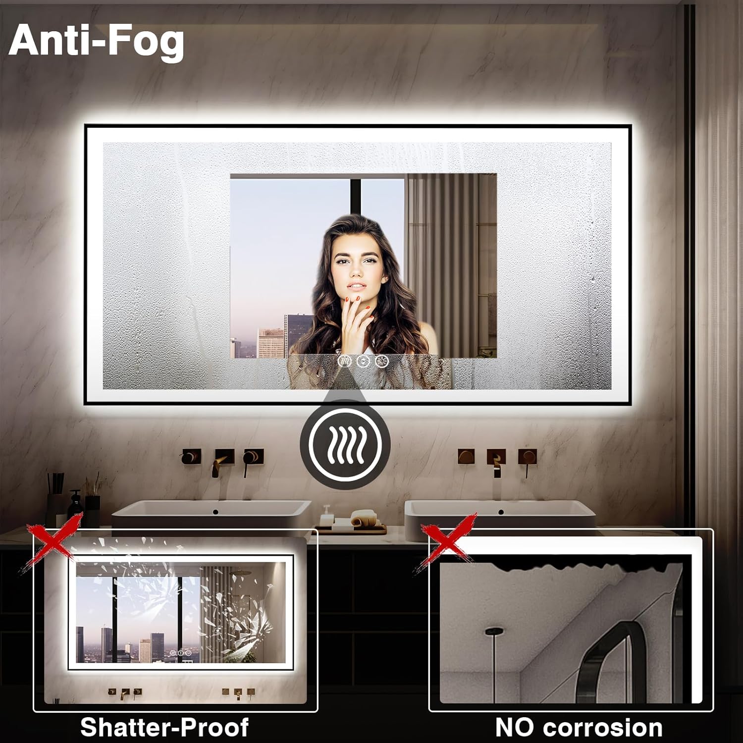 60x28 LED Bathroom Mirror for Wall - Black Aluminum Framed (Front and Backlit), Anti-Fog Vanity Mirror with Lighting, Stepless Dimmable, 3 Colors Smart Design (Horizontal/Vertical)