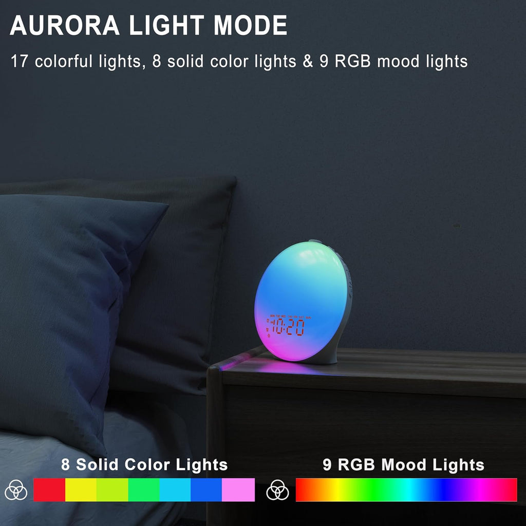 Wake Up Light Sunrise Alarm Clock for Bedroom, 17 Nightlights, Sound Machine with 5W Bluetooth Speaker, 25 Soothing Sounds, SleepTimer, Dual Alarms, FM Radio, Ideal Gift for Baby, Kids, Adults, Senior