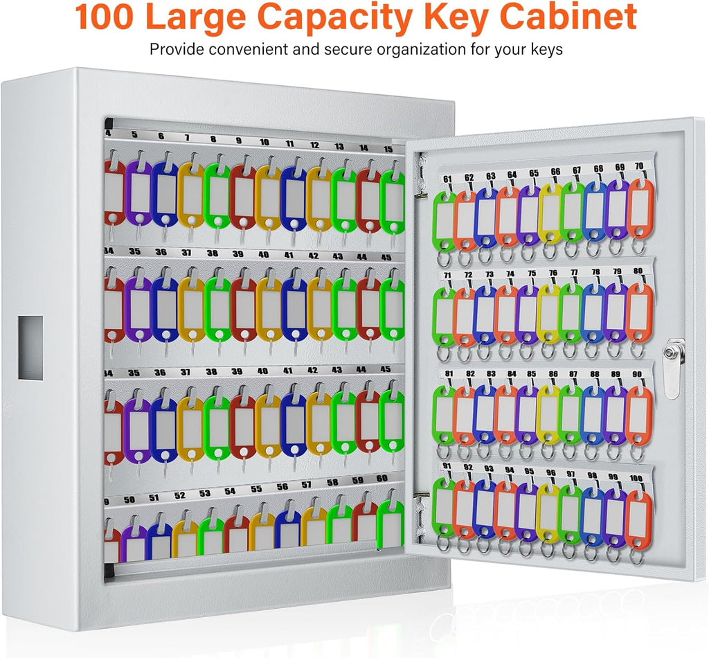 100 Keys White Key Cabinet, Anti-Theft Key Lock Box with Key Tags, Adjustable Key Organizer Wall Safe for Car Office House Garage Rental Business