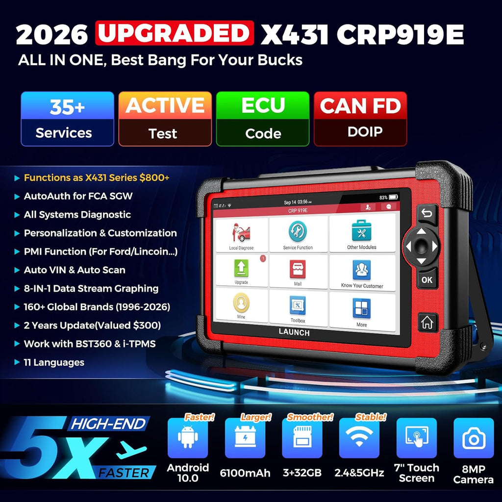 LAUNCH X431 CRP919E OBD2 Scanner, 2026 Bidirectional Scan Tool as CRP919EBT, CANFD/DoIP/FCA SGW, ECU Code, 35+ Service, Active Tests, All-in-One Full System Diagnosis, BST360 & i-TPMS, 2 Year Update