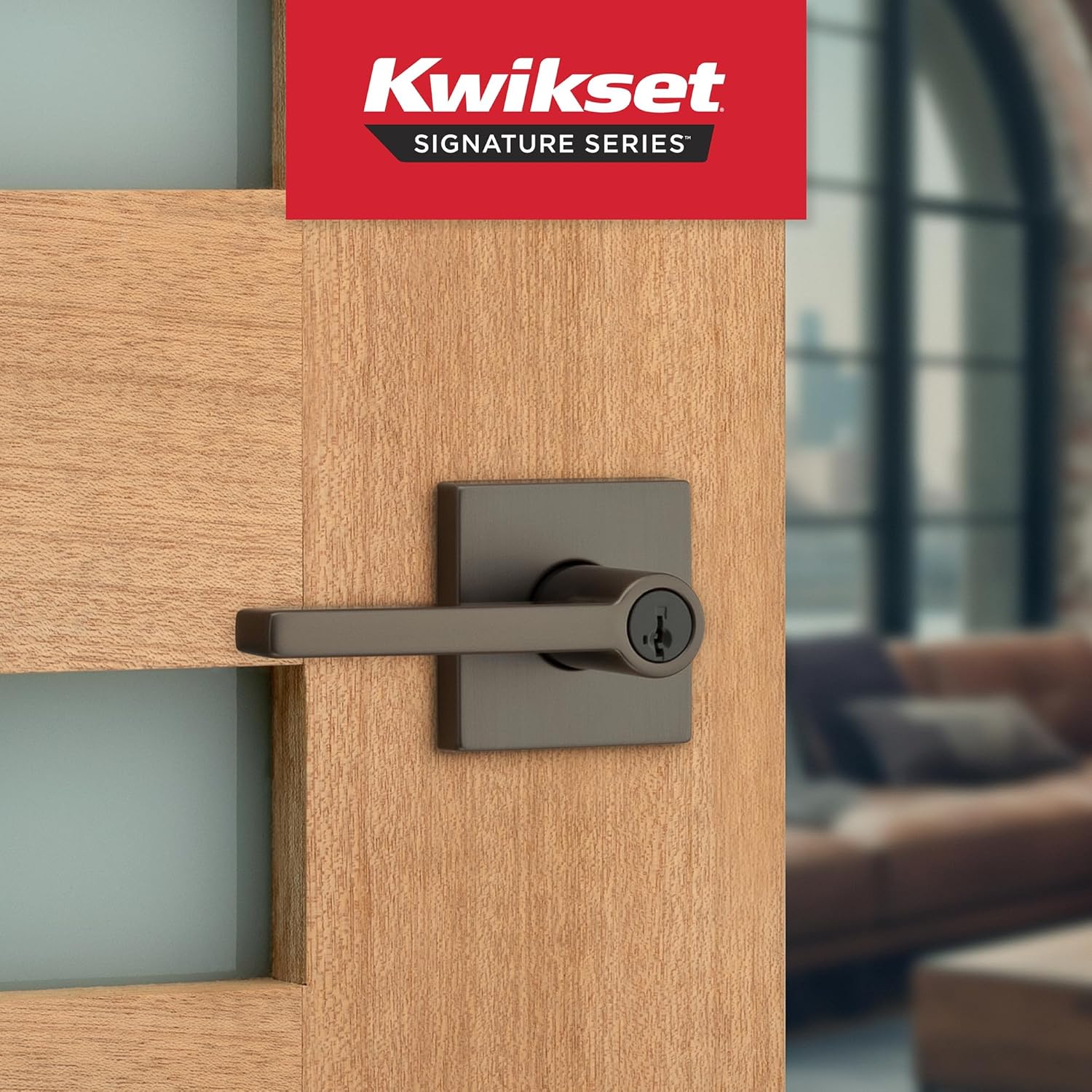 Kwikset Halifax Entry Door Handle with Lock and Key, Square Secure Keyed Reversible Lever Exterior, Doorlock, for Front Entrance and Bedrooms, Gunmetal, Pick Resistant Smartkey Rekey Security