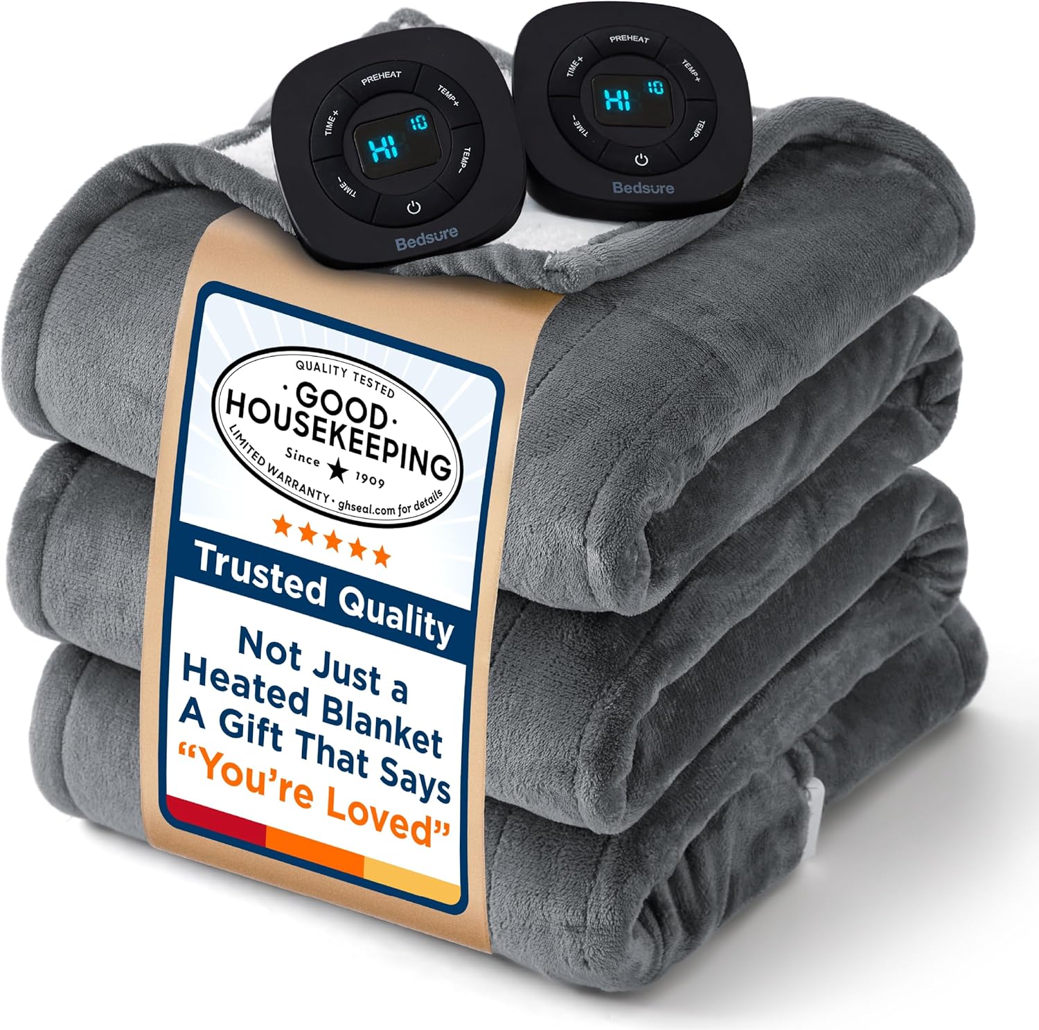 Bedsure Electric Blanket Queen Size - Dual Control Heated Blanket Queen, GentleSoft Fast Heating with 10 Time Settings & 10 Heat Settings, Warm Gift for Grandma (84x90 inches, Grey)