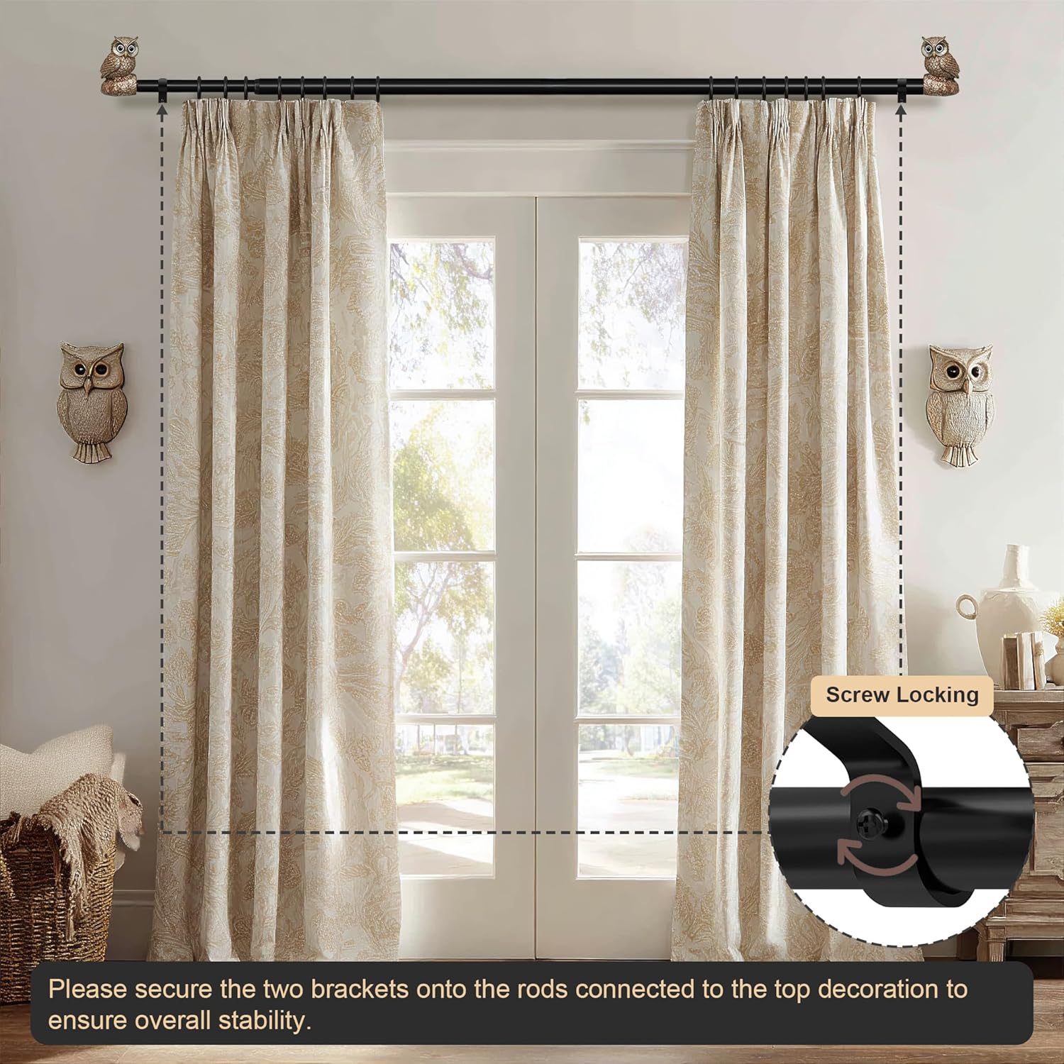 2 Pack Vintage Decorative Black Curtain Rods for Windows 28 to 48 Inch Adjustable Heavy Duty 1'' Diameter Curtain Rod with Owl Finials for Bedroom Living Room Kitchen Farmhouse (18-60'')