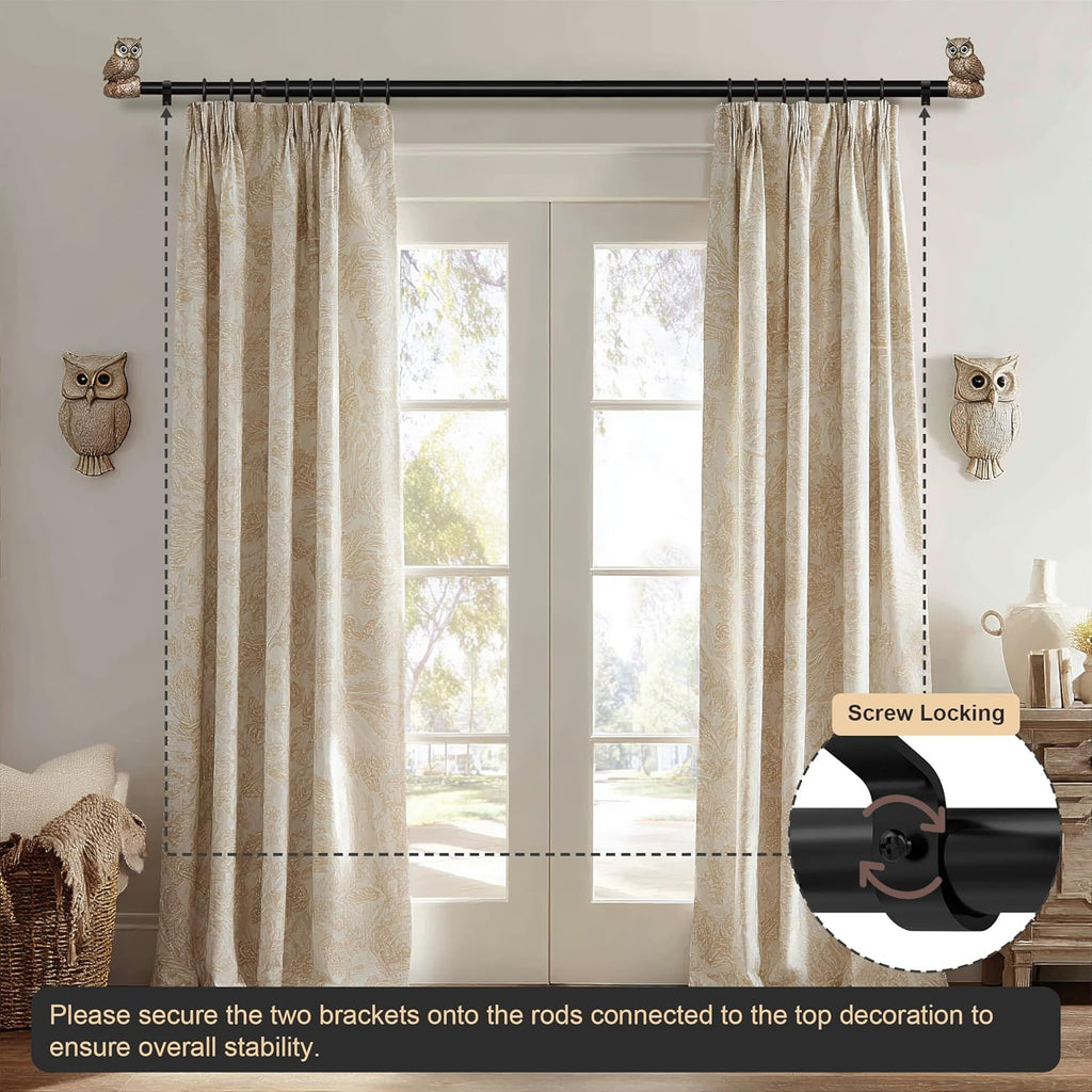 Vintage Decorative Black Curtain Rods for Windows 28 to 48 Inch Adjustable Heavy Duty 1'' Diameter Curtain Rod with Owl Finials for Bedroom Living Room Kitchen Farmhouse (18-60'')