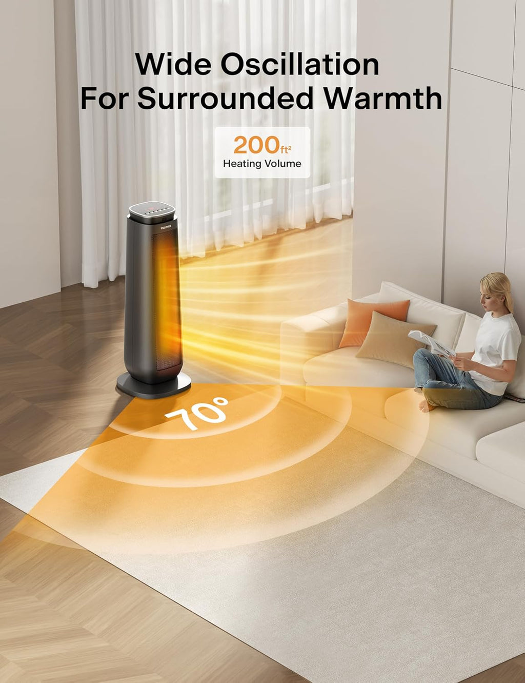 PELONIS PTH15A4BGB Ceramic Tower 1500W Indoor Space Heater with Oscillation, Remote Control, Programmable Thermostat & 8H Timer, ECO Mode, Tip-Over Switch & Overheating Protection, Gray
