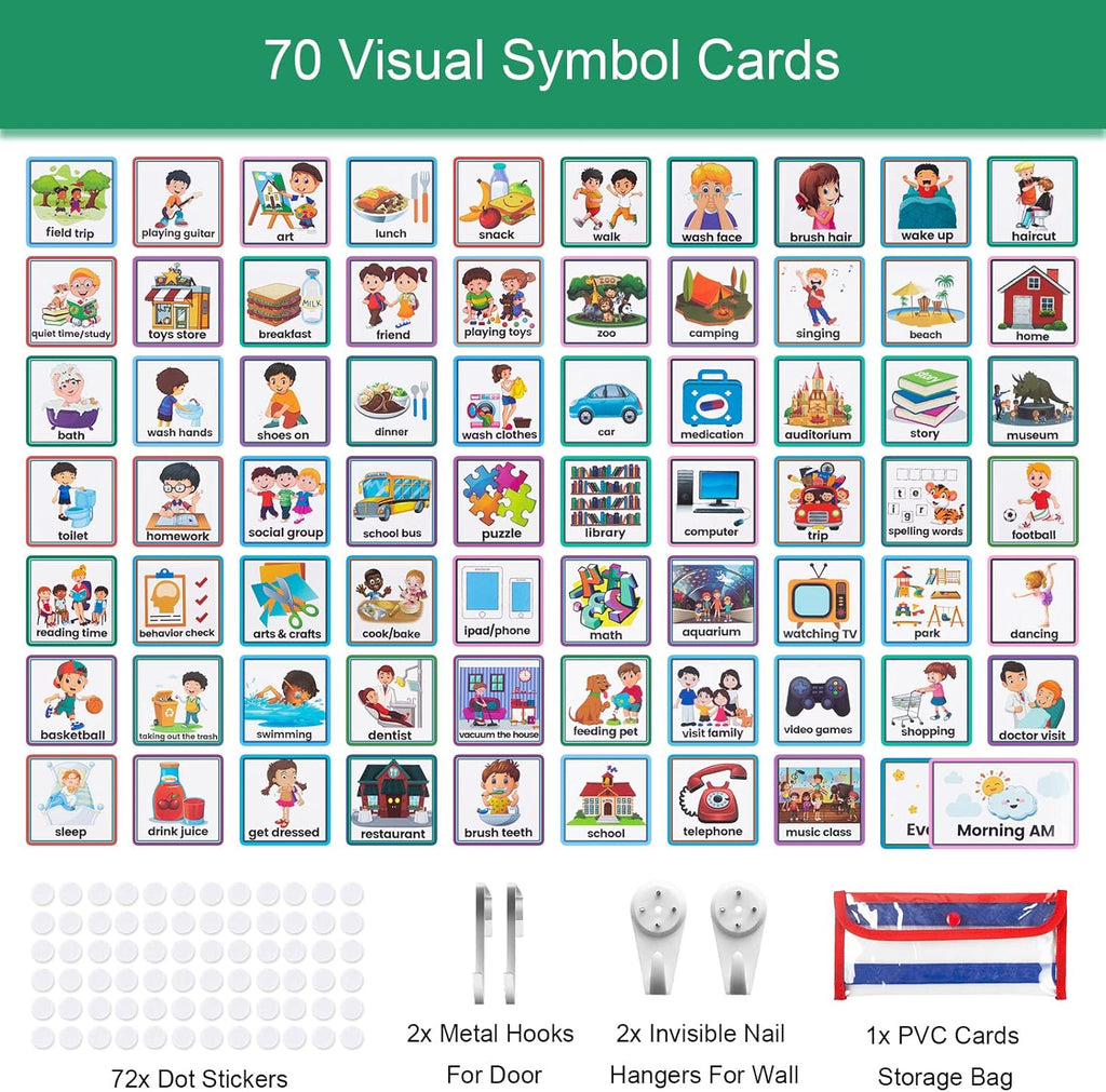KIKIGOAL Kids Visual Schedule Calendar Chart, 2 in 1 Autism Daily Chore Routine Chart with 70 Cards Autism Learning Materials Kids Visual Behavioral Tool Wall Planner for Home School (Blue)