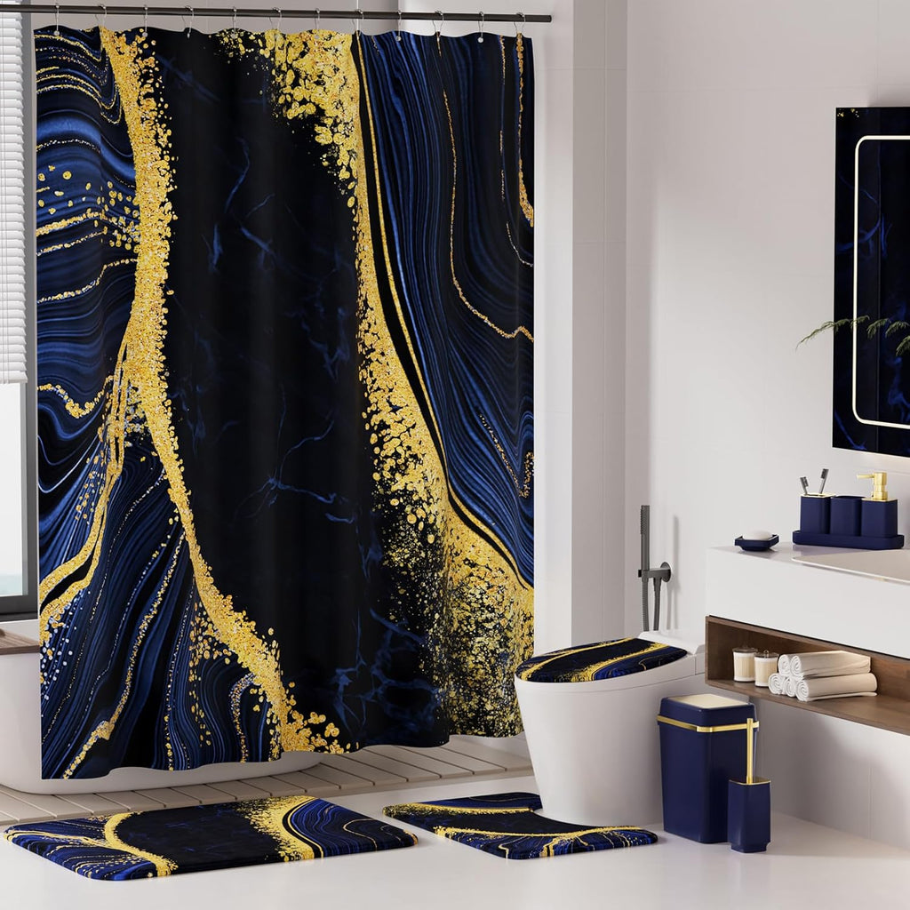 25PCS Bathroom Accessory Set, Navy Blue Bathroom Set with Large-Capacity 4 Gallon Trash Can,Bathroom Rugs Set, Waterproof Shower Curtain, Toilet Brush, Toothbrush Holder & Soap Dispenser