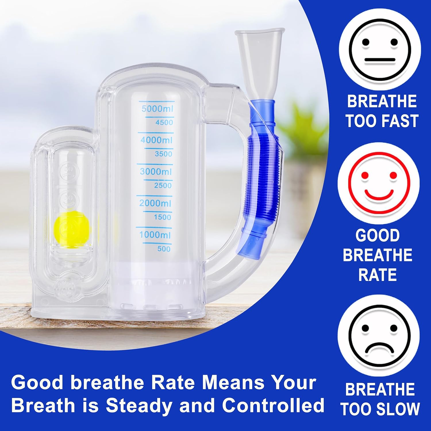 Incentive Spirometer,Adult Lung Trainer,Breathing Trainer - 5000ML Inhale Volume Measurement, Equipped with Ball Flow Rate Indicator & Scale Indicator
