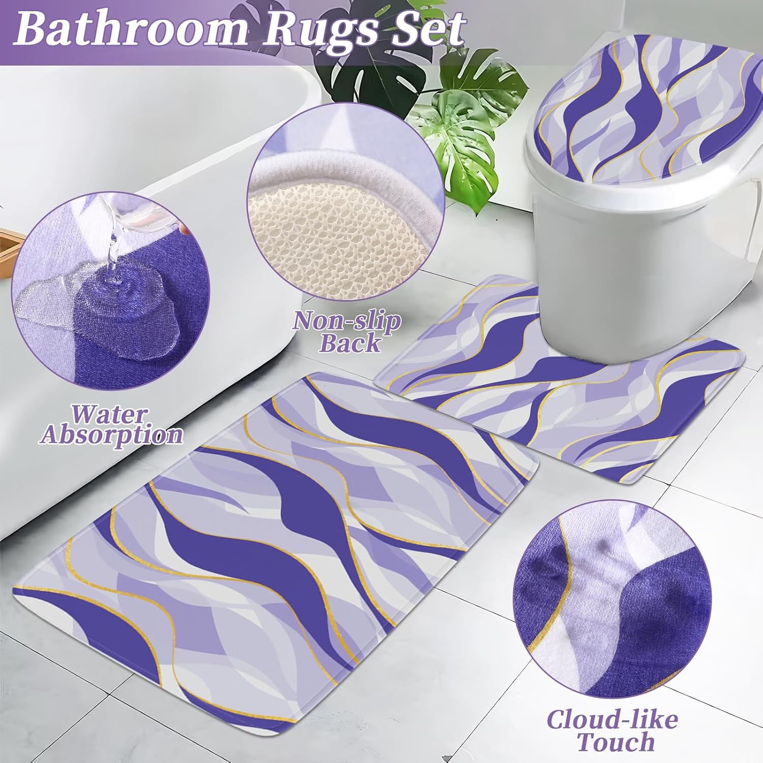 Bathroom Set - Purple and Gold Bathroom Accessories, Bathroom Sets with Shower Curtain and Rugs, Purple Shower Curtain Set with Bathroom Trash Can, Soap Dispenser, Soap Dish for Home Decor