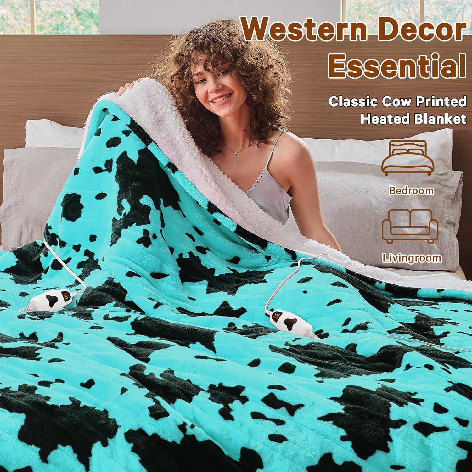 Cow Print Heated Electric Blanket Throw,50X60 Green Heating Blanket with 10 Heats Levels & 8 Hours Auto Off,Highland Cow Decor Stuff Fleece Sherpa Blankets Warmer Gifts for Women Adults Washable