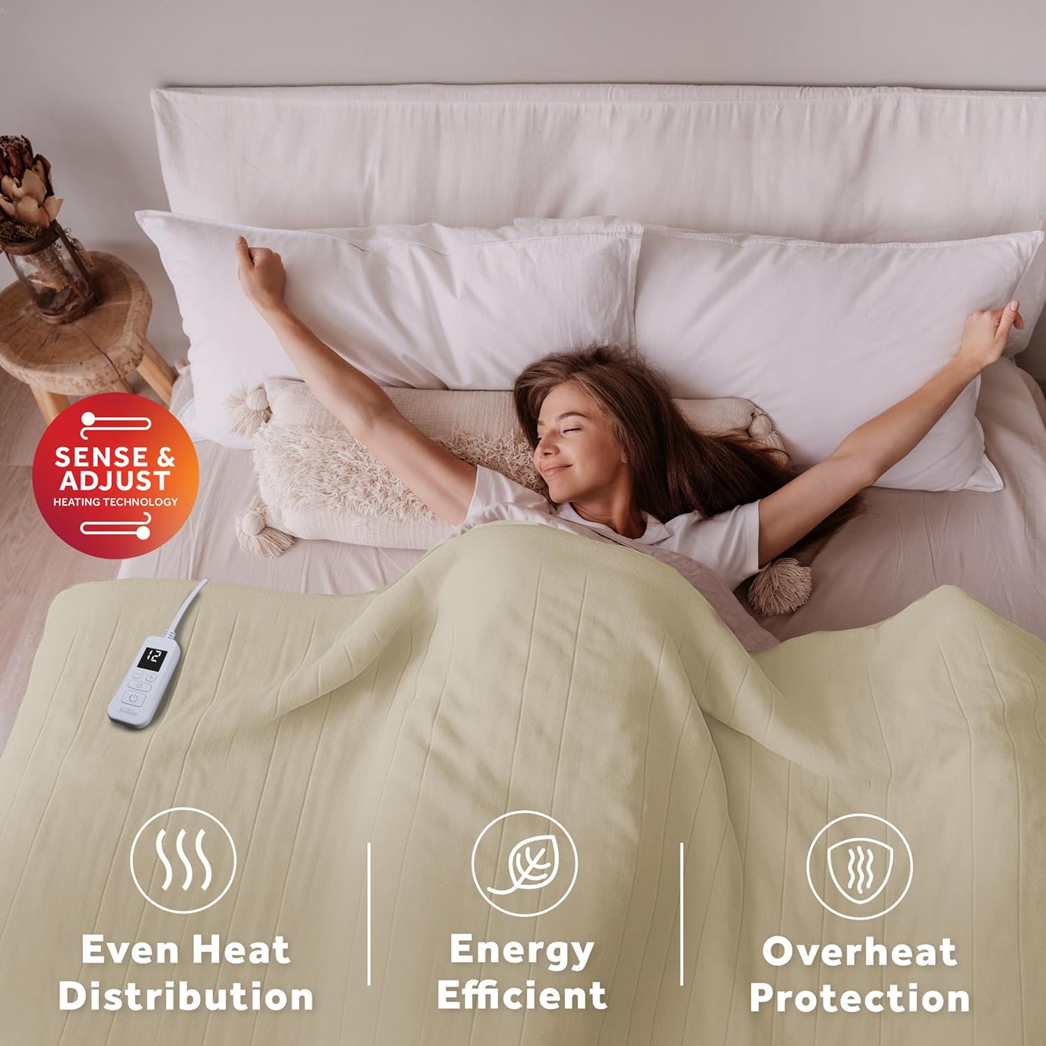 Sunbeam Royal Ultra Fleece Heated Electric Blanket Full Size, 84" x 72", 12 Heat Settings, 12-Hour Selectable Auto Shut-Off, Fast Heating, Machine Washable, Warm and Cozy, Pebble