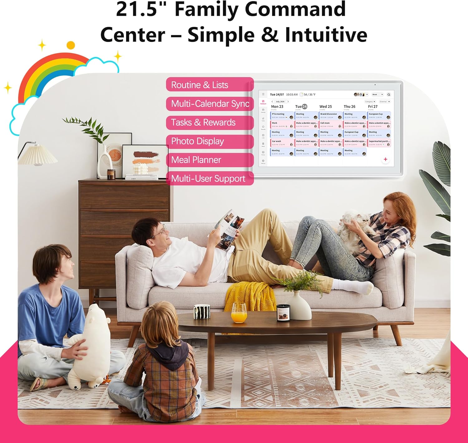 21.5 Inch Family Digital Calendar - Chore Chart, Meal Planner, Photo Display, FHD Interactive Touchscreen with LED Reminder, Wall & Desk Mount Smart Electronic Planner