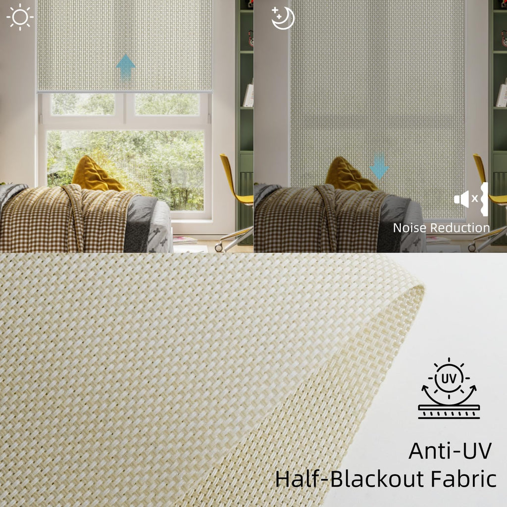 SmartWings Motorized Roller Shades 5% Openness Work with Homekit, Alexa SmartThings Google, Zigbee Motor Smart Blinds for Windows, Cordless Remote Window Shades, Rechargeable, Customized, White Linen