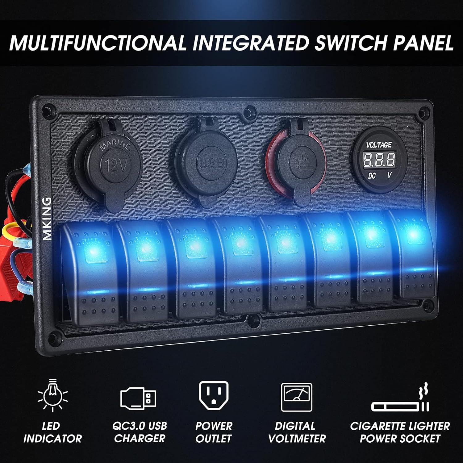 MKING Marine Switch Panel - 8 Gang Waterproof Rocker Panel With Circuit Breaker, USB & Type-C Charger, Digital Voltmeter, Cigarette Socket, 12V Blue LED