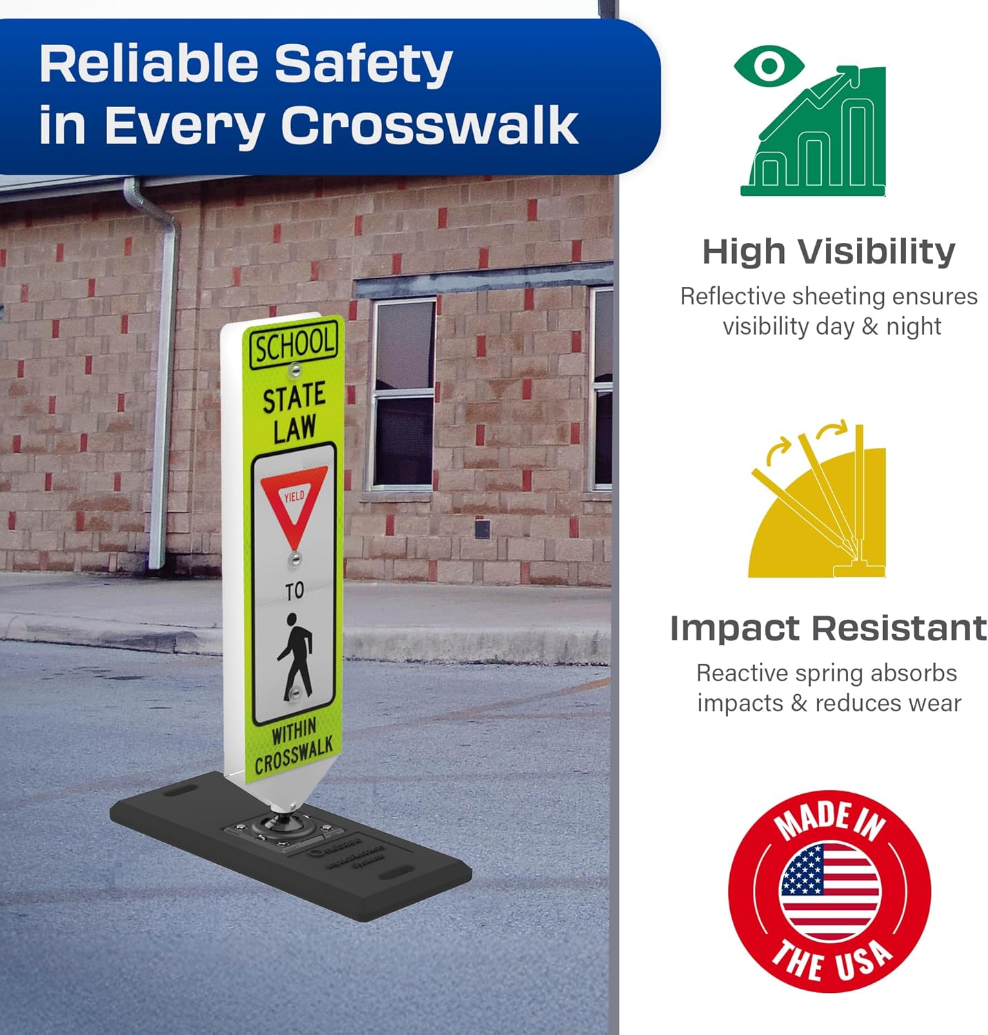 Impact Recovery - In-Street Pedestrian Crossing Signs - Street Sign - Road Safety School Yield Sign with Portable Base