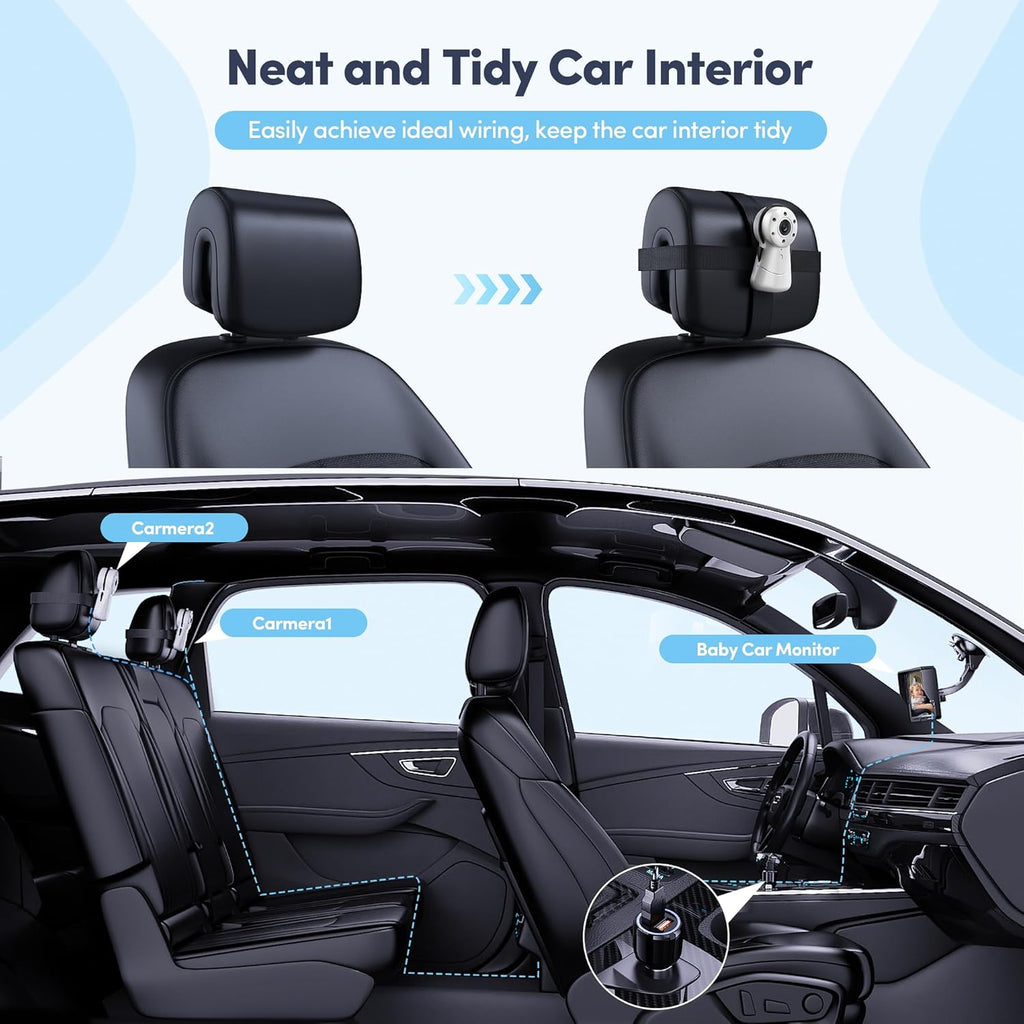 2-Kids Baby Car Camera Dual Monitor – 7 Inch Display with Two Rear Facing Car Seat Cameras, 1080P HD Night Vision IR-CUT, USB Powered Plug and Play Backseat Baby Monitor for Infant & Toddler Safety