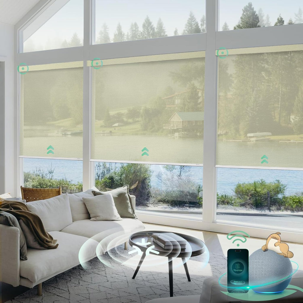 Yoolax Smart Blinds, Motorized Matter Solar Shades Flame Resistat Automatic Blinds for Windows Motorized Shades Compatible with Alexa, Google Home, Homekit(Solar-14% Openness Golden Mesh)