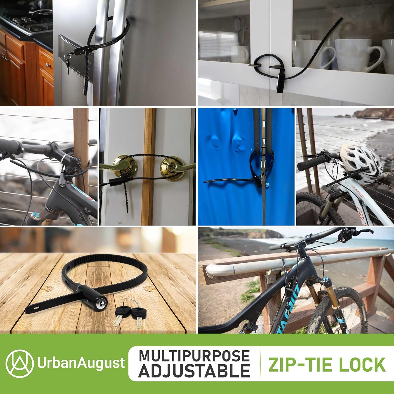 Urban August Adjustable Zip Tie Lock for Refrigerator Door Cabinet Bike Stroller Helmet - Multi-Purpose Keyed French Door Lock - Stainless Steel Fridge Lock with Key - Black, 2 Pack…