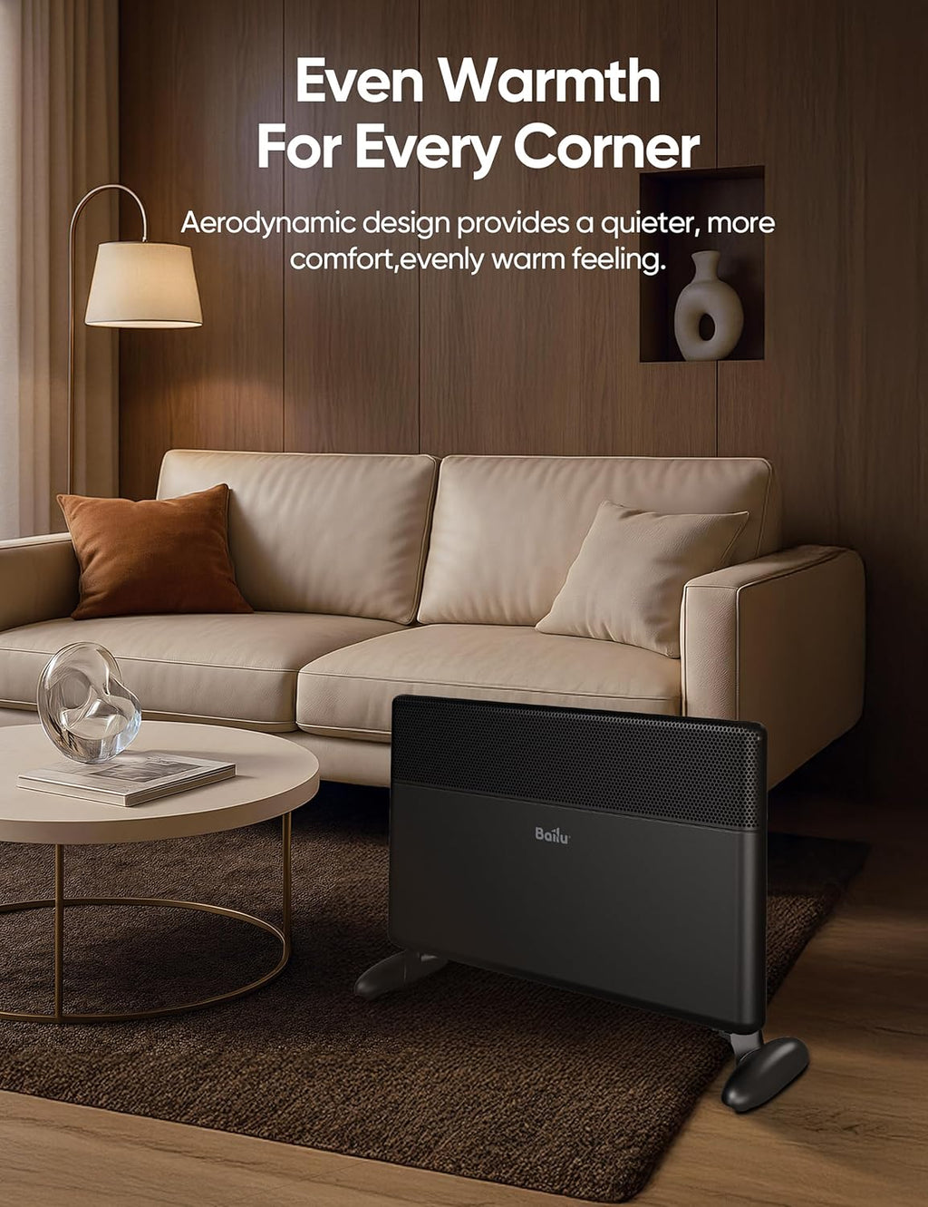 Ballu Convection Panel Heater,1500W Space Heater for Large Room Indoor use with Programmable Thermostat,WiFi App Control,Smart Quiet,Works with Alexa,Black