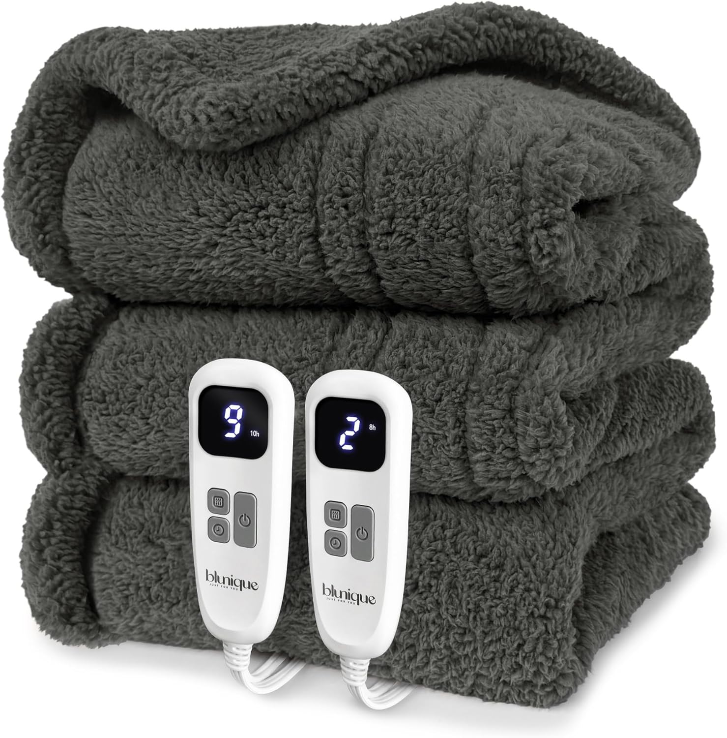 Heated Blanket Electric Blanket Queen - Fast Heating Blanket Throw Dual Control Double Sided Sherpa with 10 Heating Levels & 2-10 Hours Auto Off, Mashine Washable, 84 x 90 Inches, Grey
