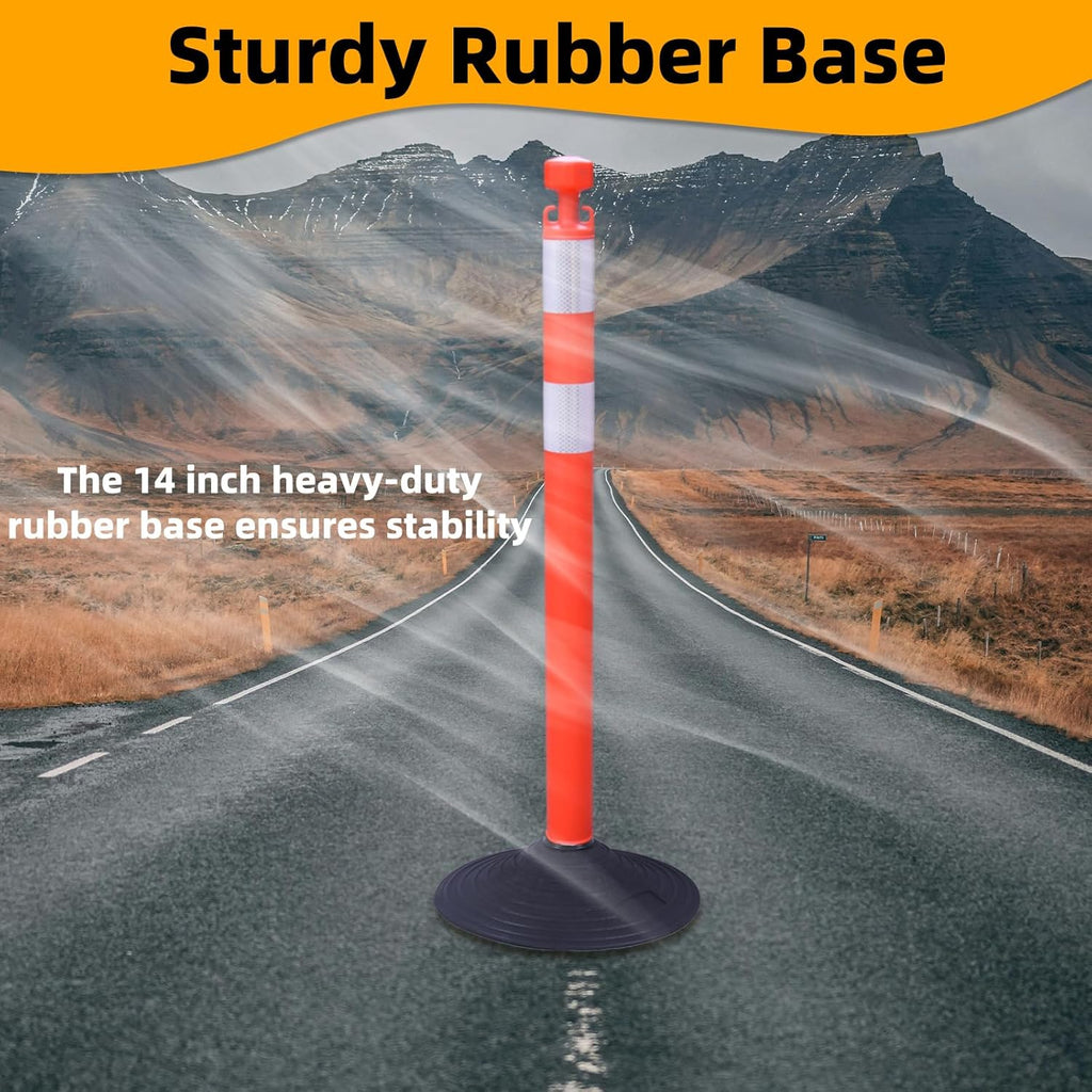 6 Pack 39 Inch Red Traffic Delineator Posts with 2 White Reflective Collars, Safety Posts Cones with 6.6 Feet Chains and 14 Inch Rubber Base for Road Safety,Parking Lot (Red)
