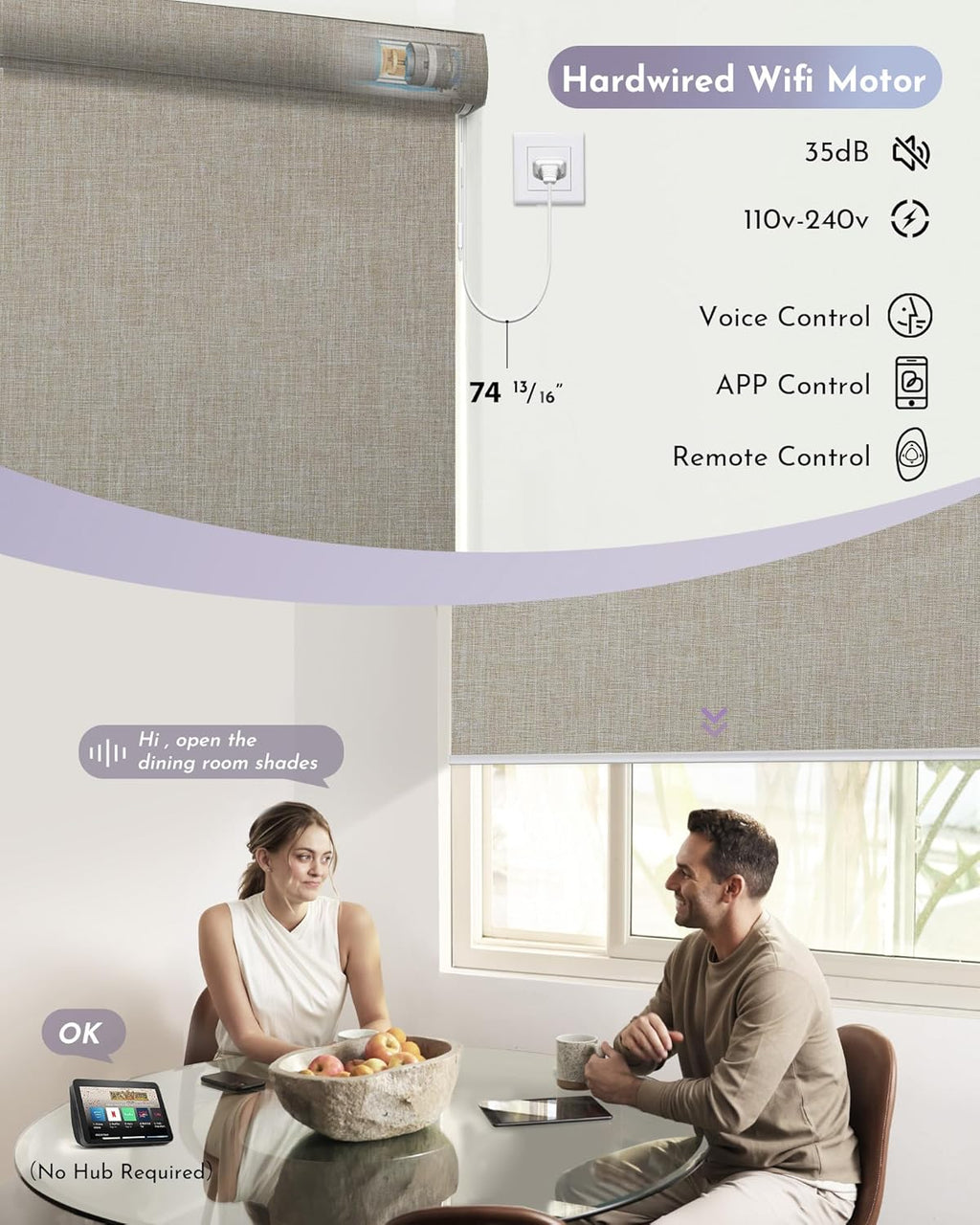 Graywind Smart Blackout Roller Shades Compatible with Alexa Google WiFi Hardwired Triple Weaved Fabric Motorized Blinds Remote Window Shades, Custom Size (Light Coffee)