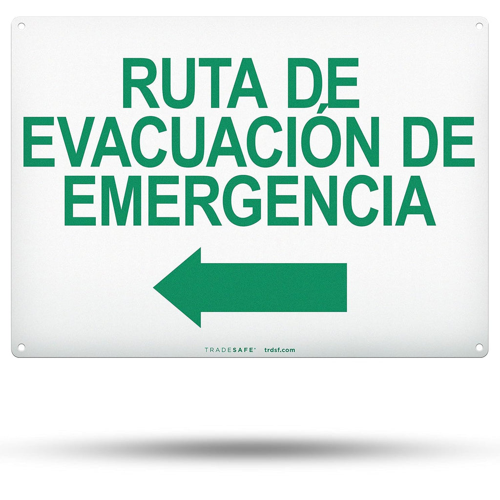 TRADESAFE Emergency Evacuation Route Arrow Left Sign – Ruta De Evacuación De Emergencia Spanish Sign, Quick Install, Light Reflective, UV-Resistant, Waterproof, 14” X 10” Aluminum Safety Signs