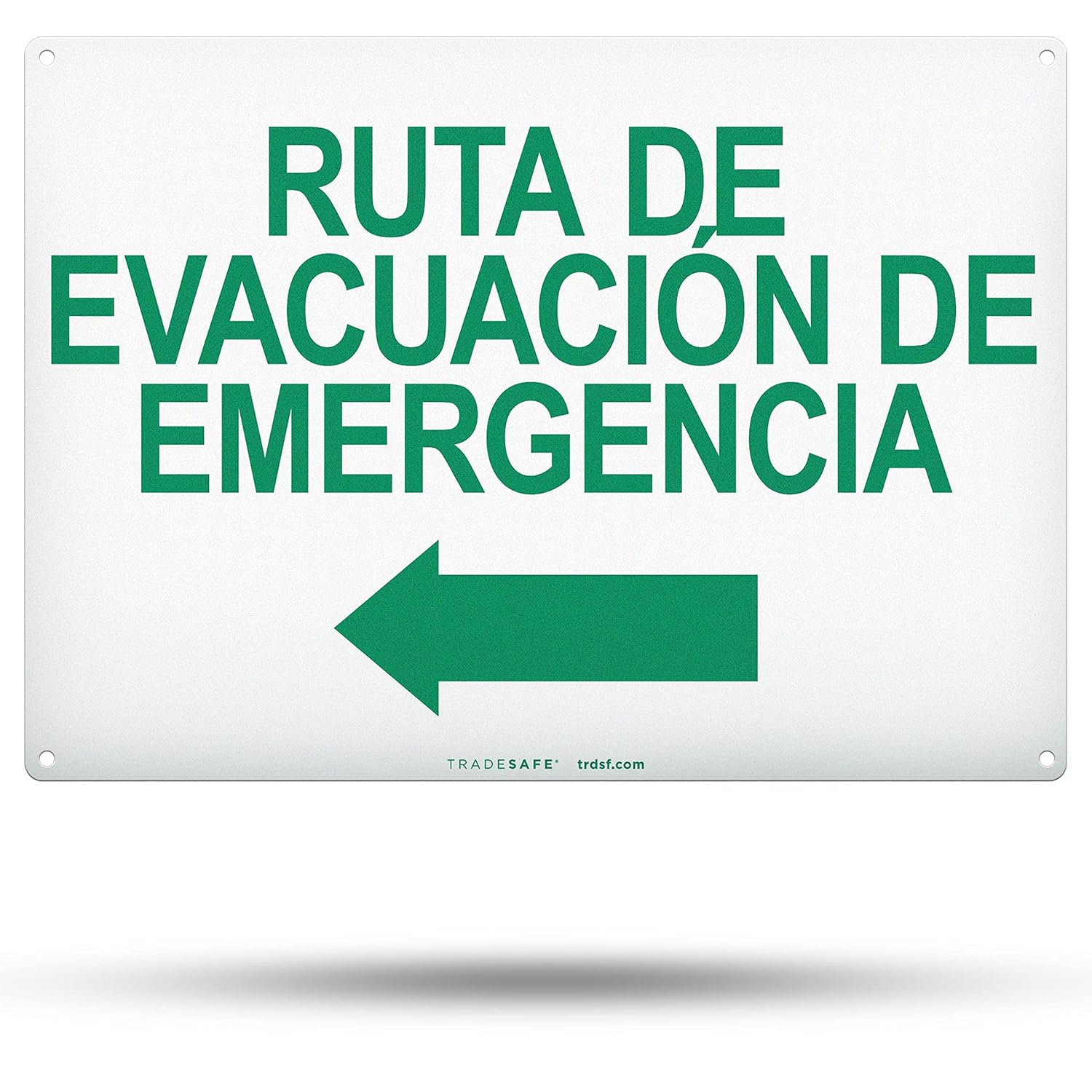 TRADESAFE Emergency Evacuation Route Arrow Left Sign – Ruta De Evacuación De Emergencia Spanish Sign, Quick Install, Light Reflective, UV-Resistant, Waterproof, 14” X 10” Aluminum Safety Signs