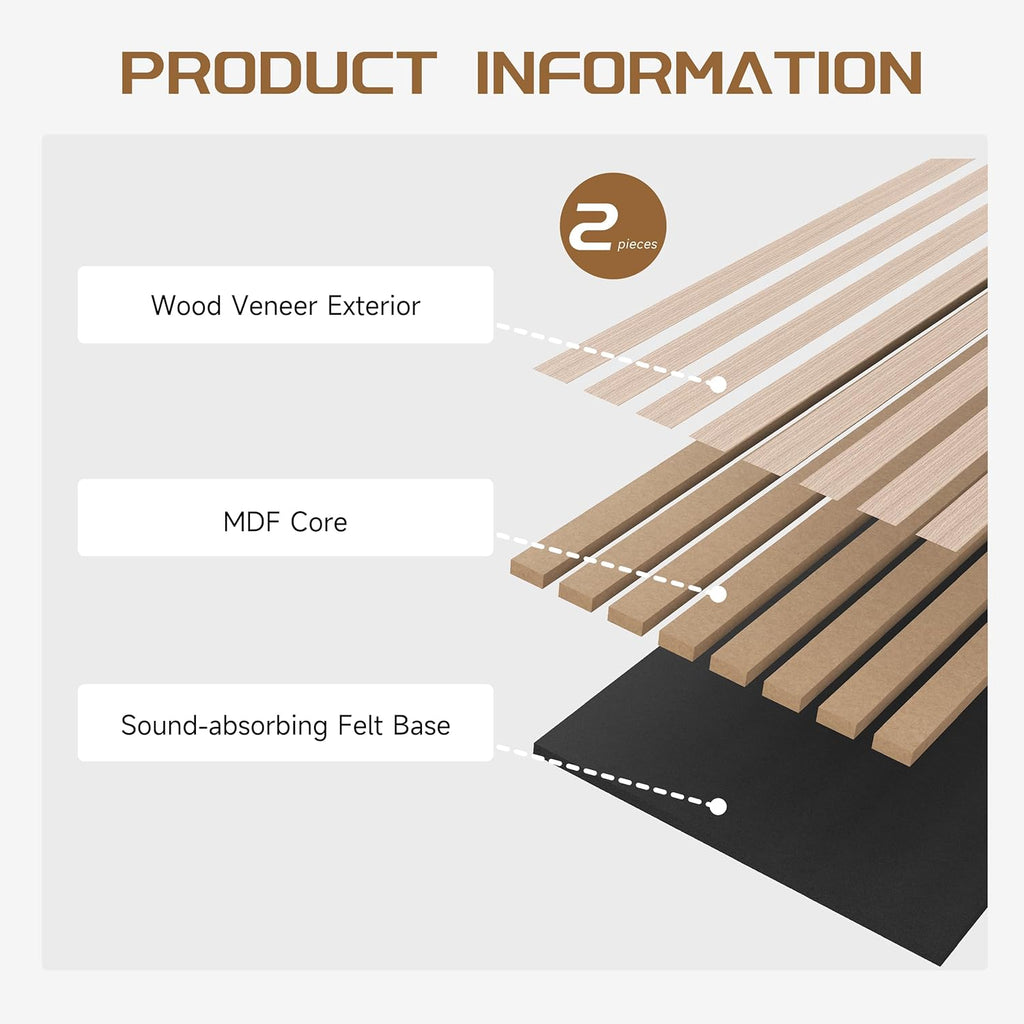 Wood Slat Wall Panels, 2 Pack 8 x 1 ft Decorative Wood Panels for Wall,Stylish Wall Panels for Interior Wall Decor, Modern Acoustic Wood Wall Panels with Felt Backing, Natural