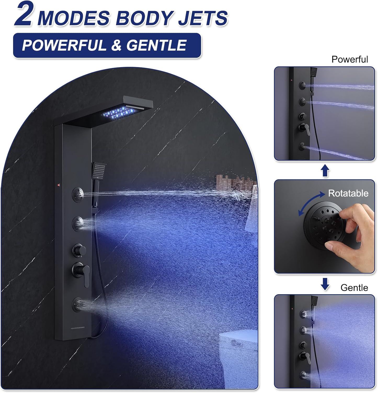 ROVATE LED Shower Panel Tower System with Rainfall Waterfall Shower, Matte Black Shower Panel with Jets and Rainfall and Handheld, 5 in 1 Stainless Steel Shower Tower High Pressure with Tub Spout
