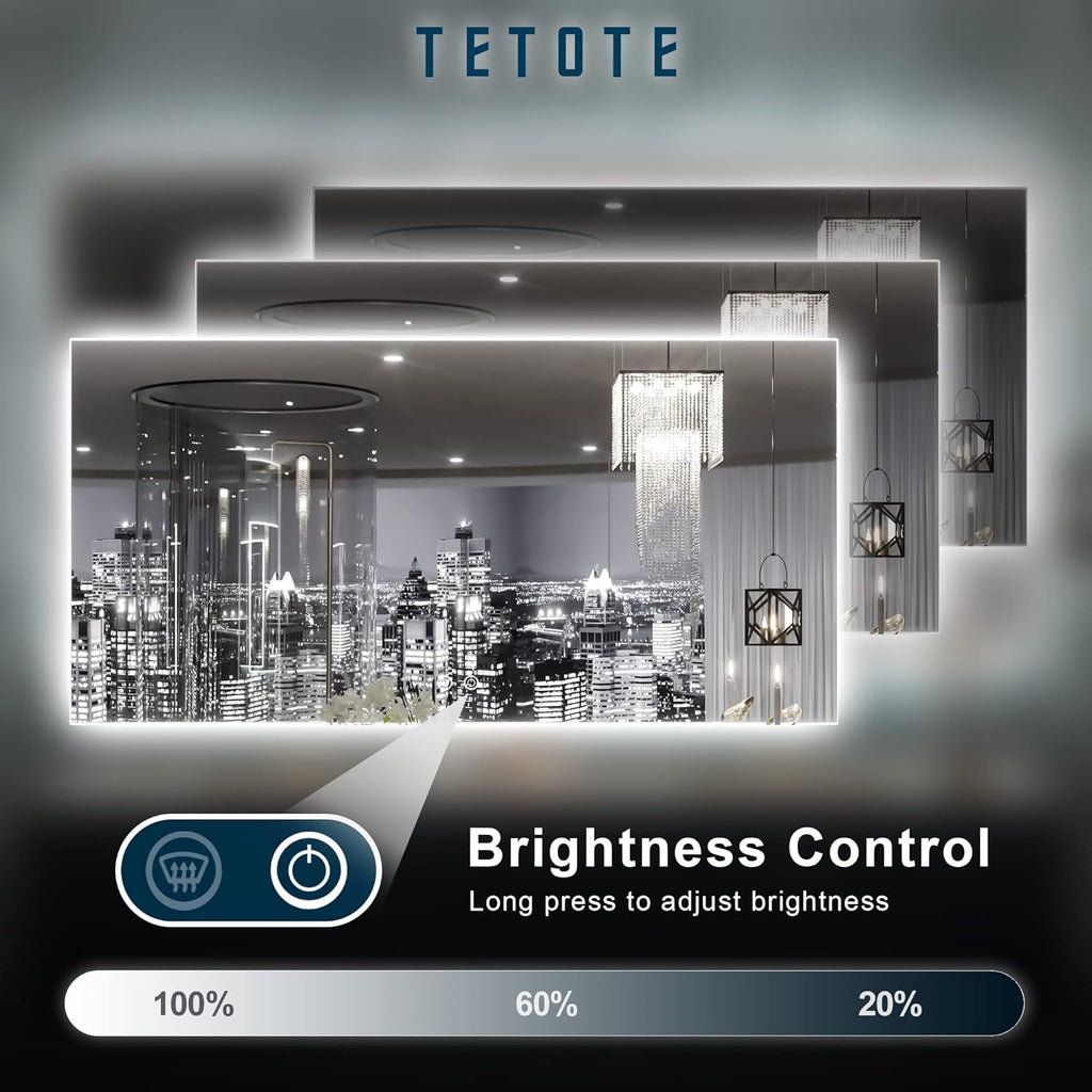 TETOTE 48 x 24 LED Backlit Bathroom Mirror with Light,3Color White/Warm/Natural,Anti-Fog Lighted Mirror,Dimmable,Vanity Mirror,Wall Mounted
