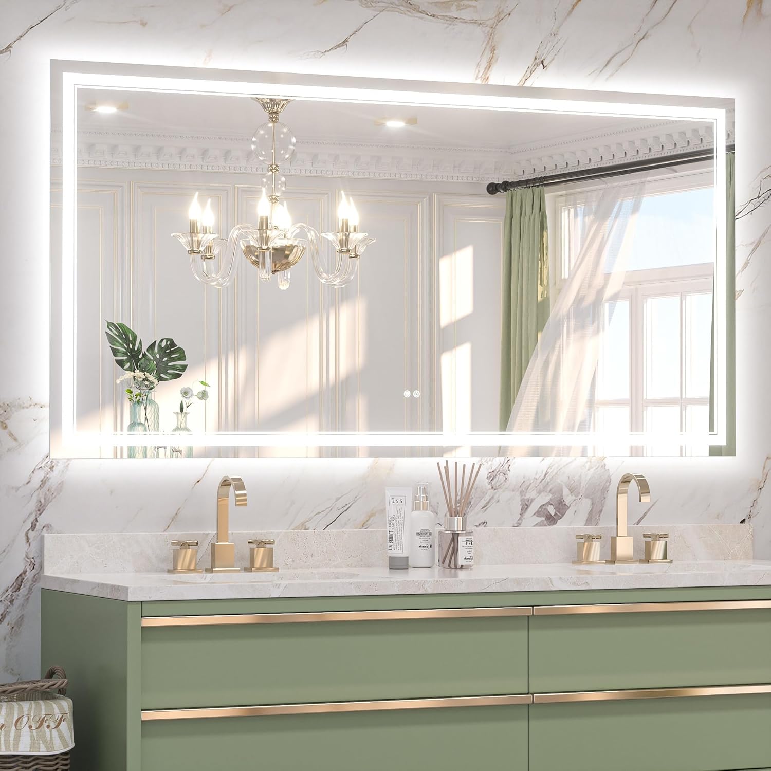 Keonjinn 72" x 36" LED Mirror with Frontlit & Backlit, Lighted Bathroom Mirror, HD Tempered Glass, Stepless Dimmable 3 Color Lights, Safe Defogger, UL-Listed, Oversized Light Up Bathroom Vanity Mirror