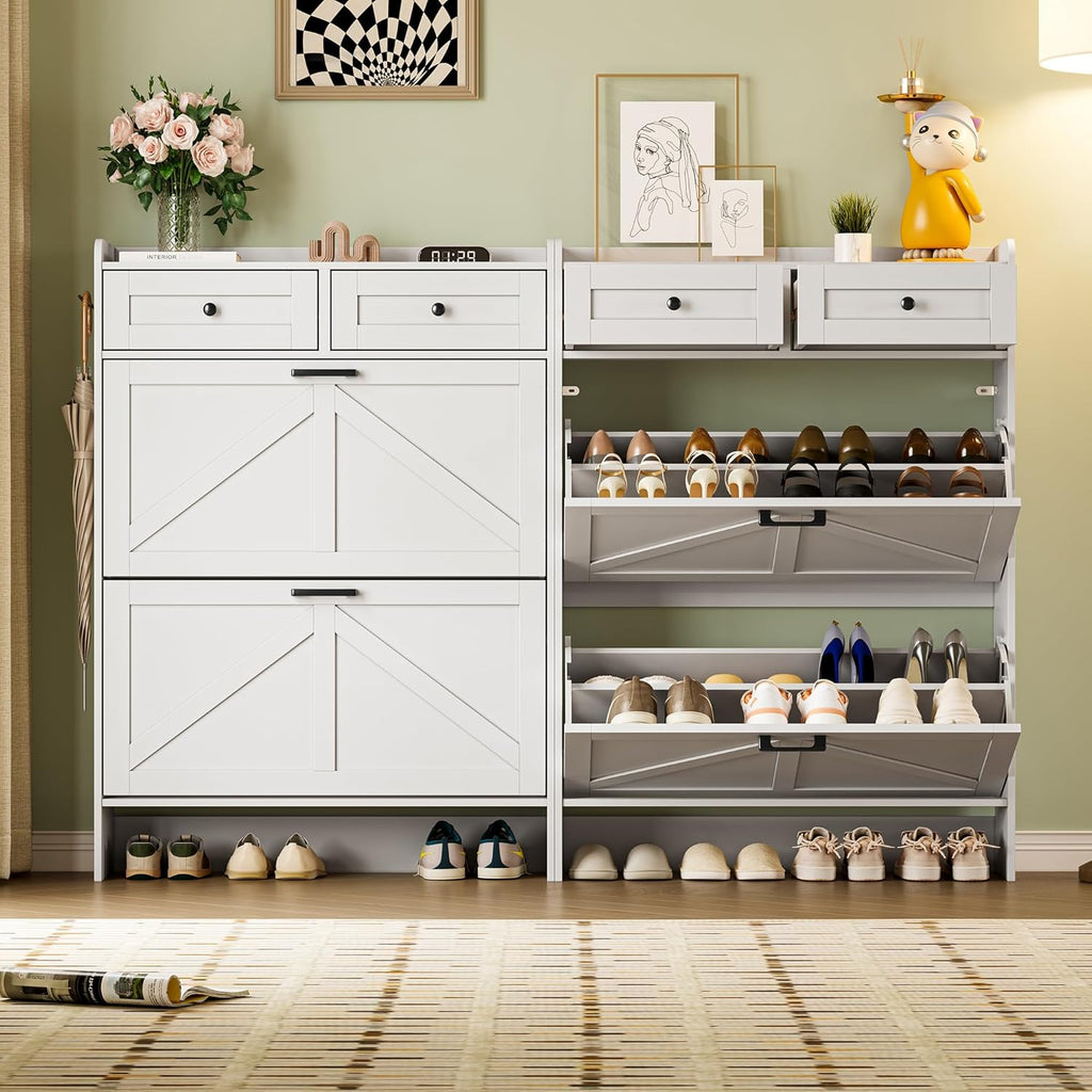 Shoe Storage Cabinet for Entryway, Farmhouse Narrow Shoe Cabinet with 2 Flip Drawers & Top Drawers, Adjustable Shelves & Hooks, Freestanding Hidden Rack Organizer for Hallway, Foyer