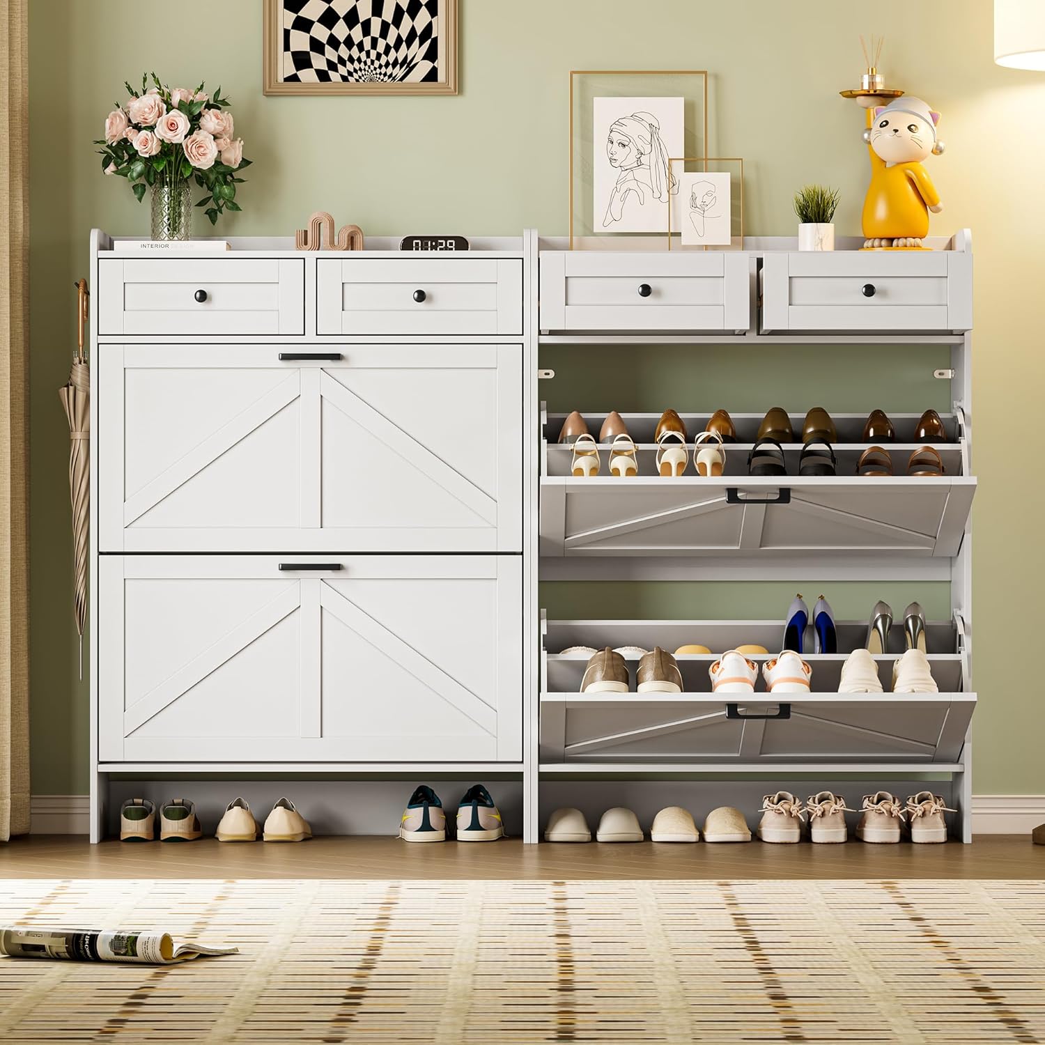 Shoe Storage Cabinet for Entryway, Farmhouse Narrow Shoe Cabinet with 2 Flip Drawers & Top Drawers, Adjustable Shelves & Hooks, Freestanding Hidden Rack Organizer for Hallway, Foyer