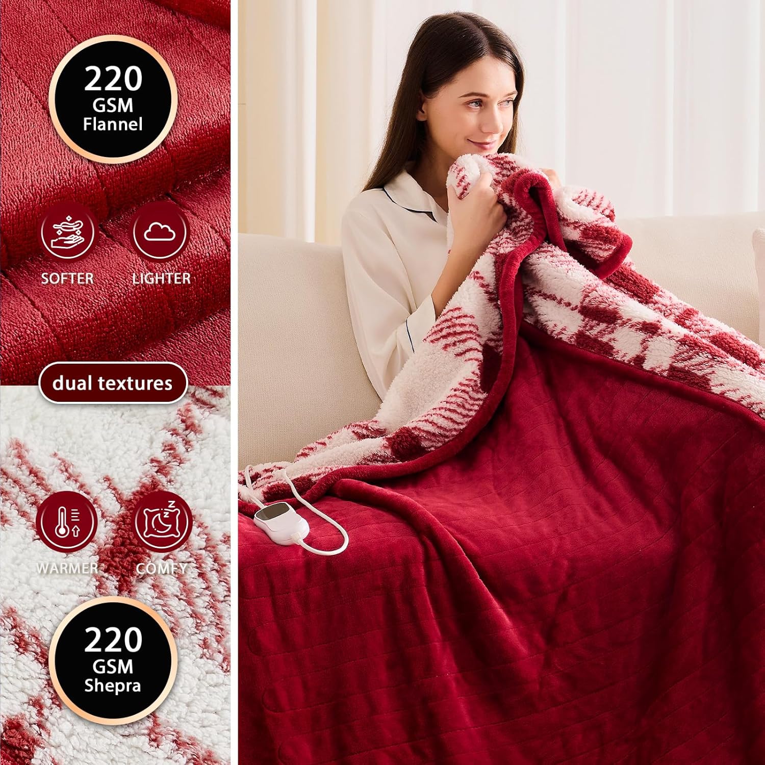 Heated Electric Blanket King Size - 100"x90" Flannel Heating Blanket with 10 Heating Levels & 5 Time Settings Over-Heat Protection, Winter Warmer for Adults with ETL Certification（Red）