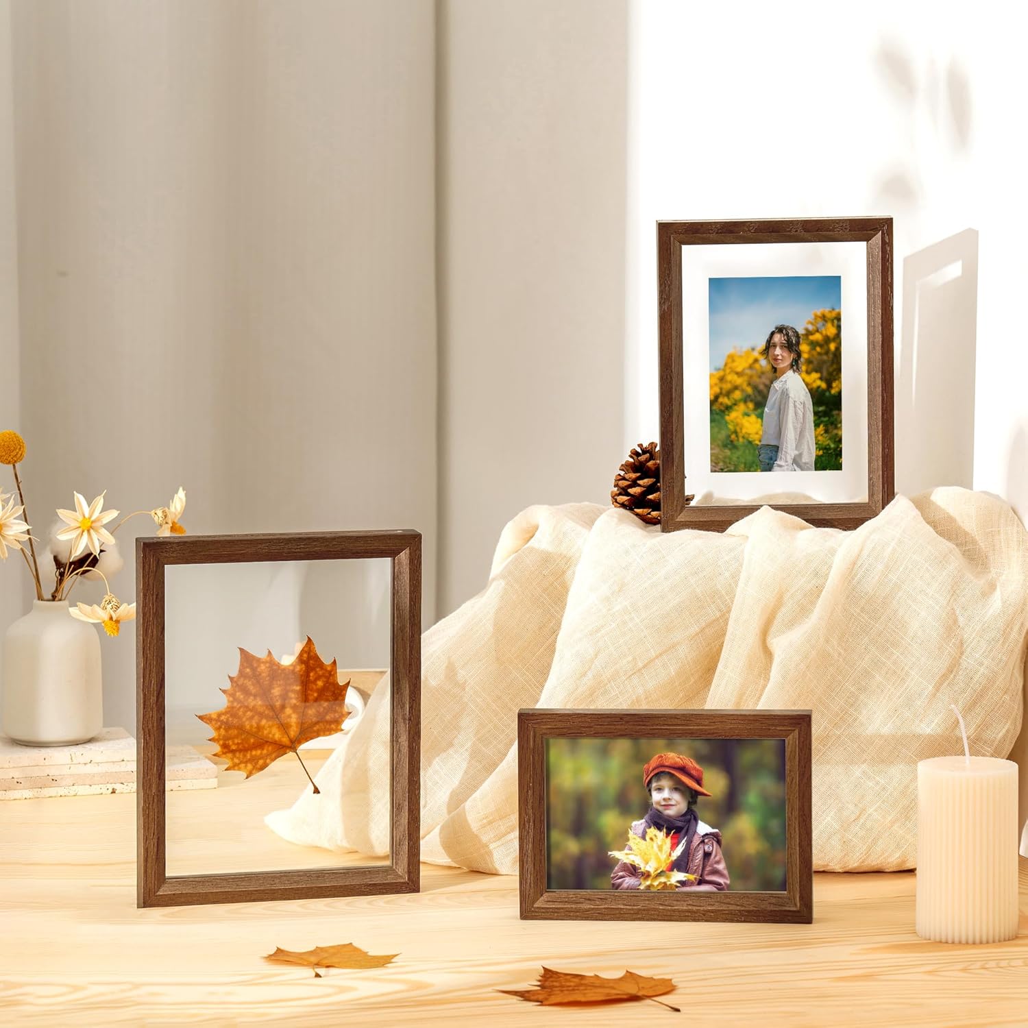 Axeman 4x6 Floating Picture Frame - Solid Oak Wood Picture Frame, Double Tempered Glass Photo Frame 2x3 3.5x5 4''x6'' Wood Frame, Wall Mount Or Tabletop Standing, Walnut
