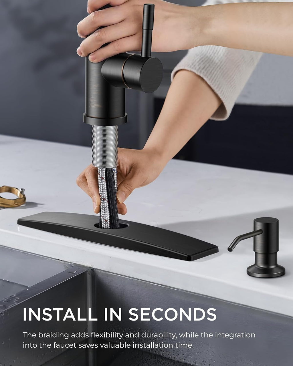 FORIOUS Kitchen Faucet with Soap Dispenser, Single Handle Stainless Steel Transitional Sink Faucet with Pull Down Sprayer 1 or 3 Hole, Suitable for Farmhouse Laundry Camper RV Bar, Oil Rubber Brown