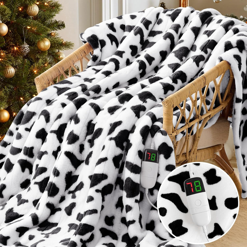 Cow Print Heated Electric Blanket Twin,62X84 Black Heating Blanket with 10 Heats Levels & 8 Hours Auto Off,Cute Cow Decor Fleece Sherpa Blankets Warmer Gifts for Women Couch Office,Washable
