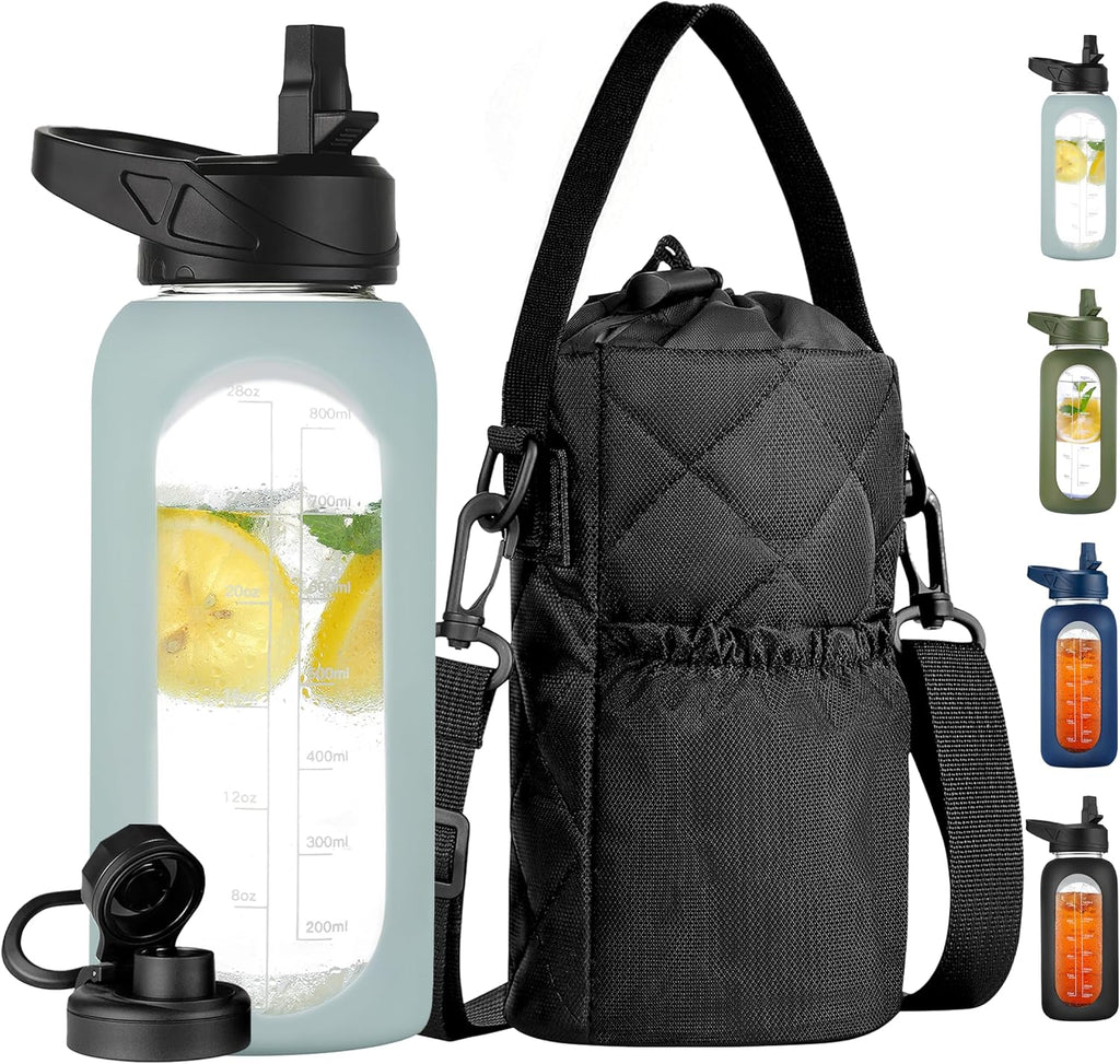 CIVAGO 32 oz Glass Water Bottle with Straw and Insulated Bottle Holder Sling, Motivational Water jug with Time Marker and Silicone Sleeve, Water Flask with 2 Lids for Walking and Gym Sage