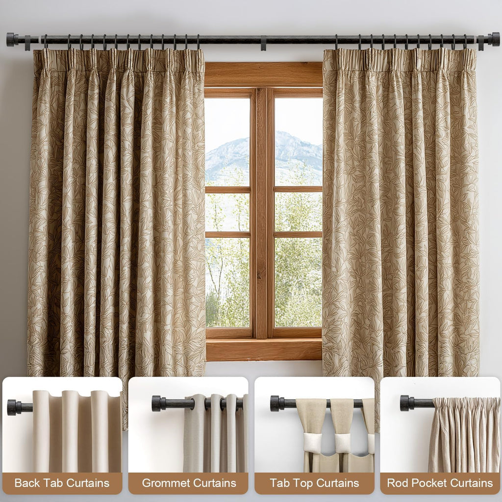 Black walnut wood Grain Curtain Rods for Windows 72 to 144 Inches 1" Diameter Heavy Duty Window Curtain Rod Adjustable with Solid Finials for Living Room Bedroom Kitchen Farmhouse Outdoor