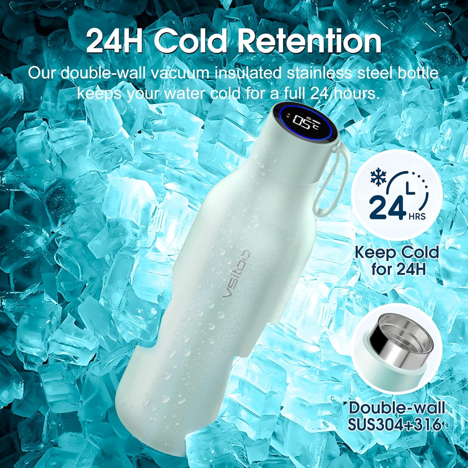 VSITOO 33oz Smart Self Cleaning Water Bottle，Insulated Water Bottle with Stainless Steel, BPA-Free, AI Self-Clean, 30-Day Battery, Magnetic Charging for Travel, Gym or Office, Blue