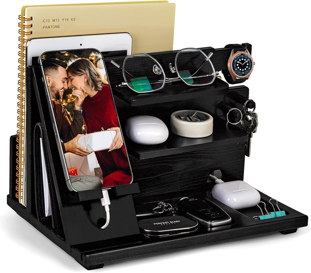 KOCWELL Wood Phone Docking Station, Gifts for Men, Nightstand Organizer Wood for Phone Tablet Earphones Watch Wallet Rings Pens Keys Notebook etc, Birthday Gifts for Men Husband Dad Boyfriend
