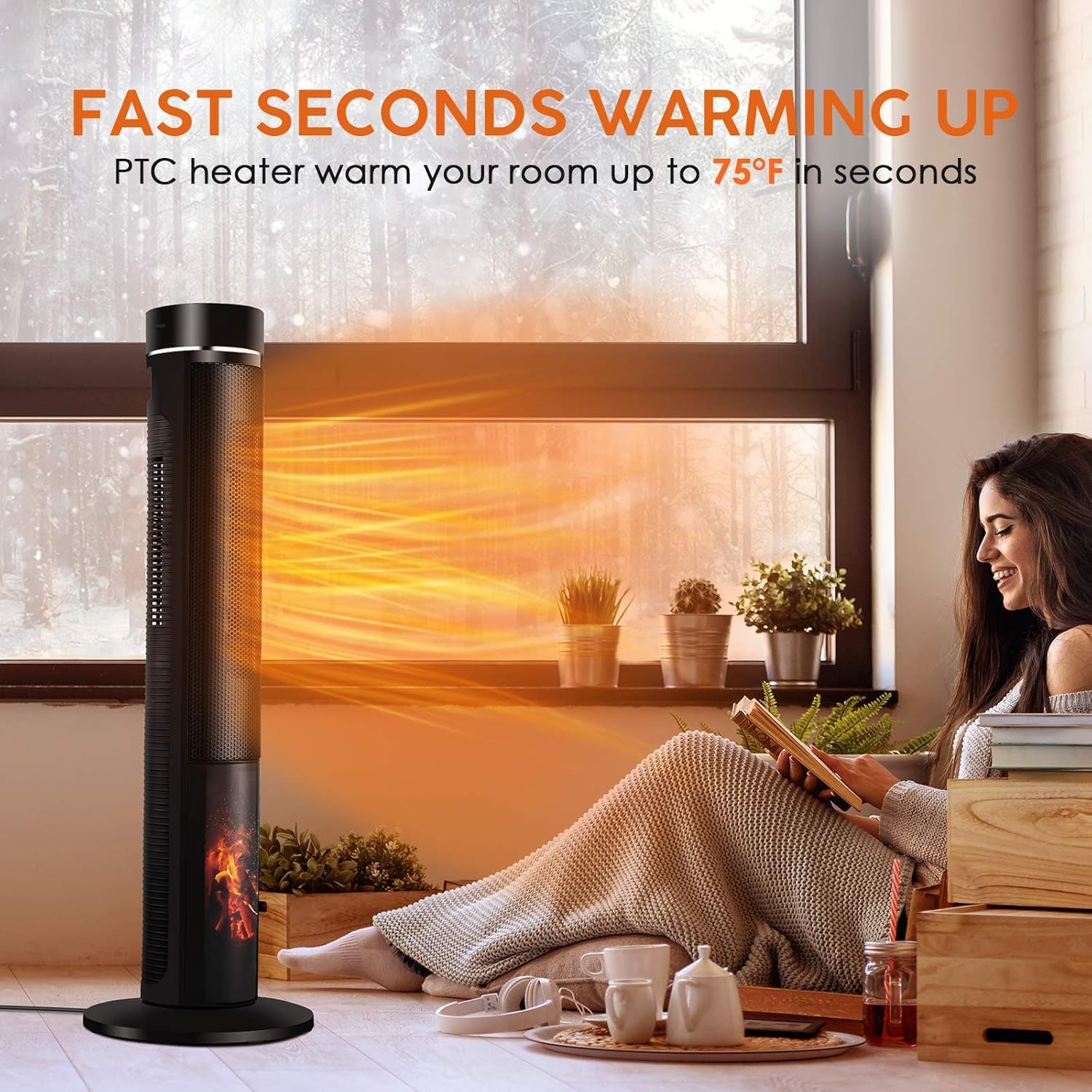 Air Choice 36" Tower Space Heater for Large Room, 1500W PTC Electric Fireplace Heater, Adjustable Thermostat, 4 Modes, 3D Flame,12H Timer, Oscillation, Remote, Heater for Indoor Use, Bedroom, Office