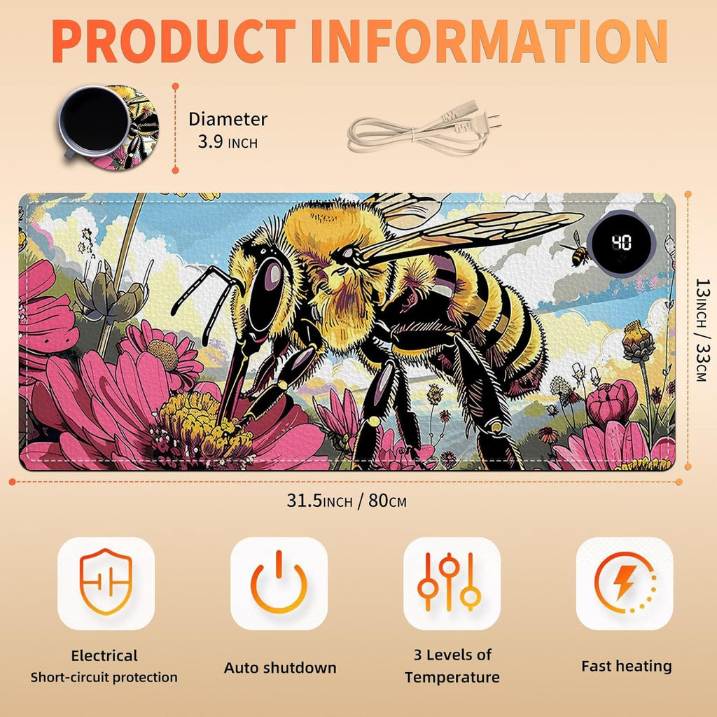 Heated Mouse Pad, Warm Desk Pad, Keyboard Mat 31.5 x 13 Inch Large Size Intelligent Fast Heating, 3 Speed Adjustable, Timed Auto Power Off for Game Office Home,Bees Collect Honey